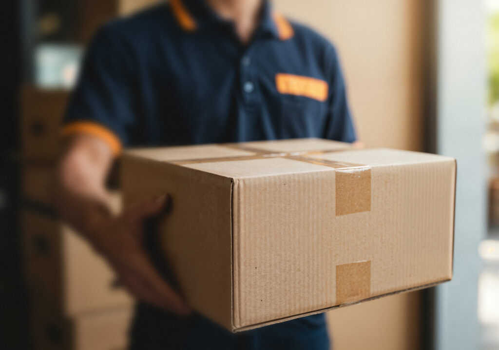 delivery person holding cardboard box